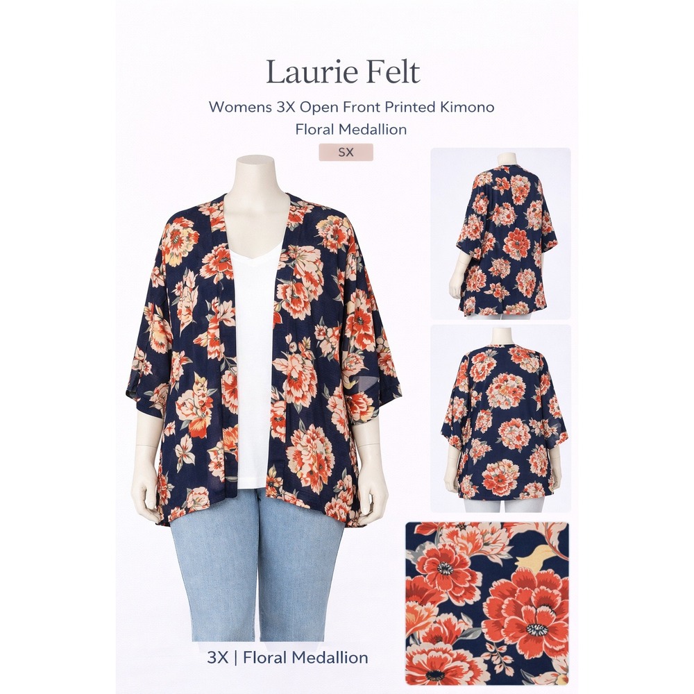 Laurie Felt Womens 3X Open Front Printed Kimono‎ Floral Medallion Navy A309543